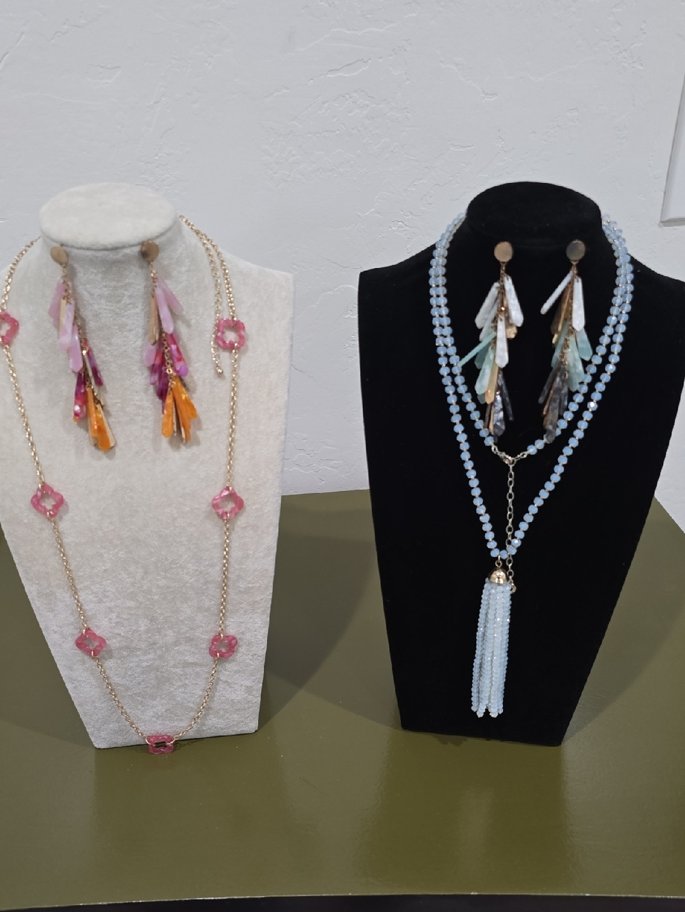 Light Blue  Beaded Tassel And Pink Floral Necklace and Earring Set